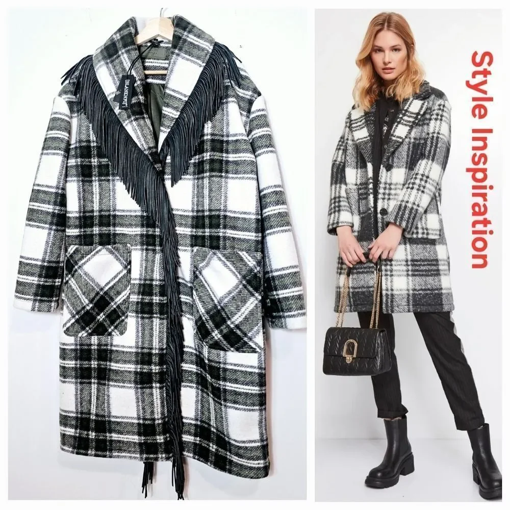 NWT BlankNYC Fringe Collar Green Scotland Plaid Oversized Winter Coat Size M